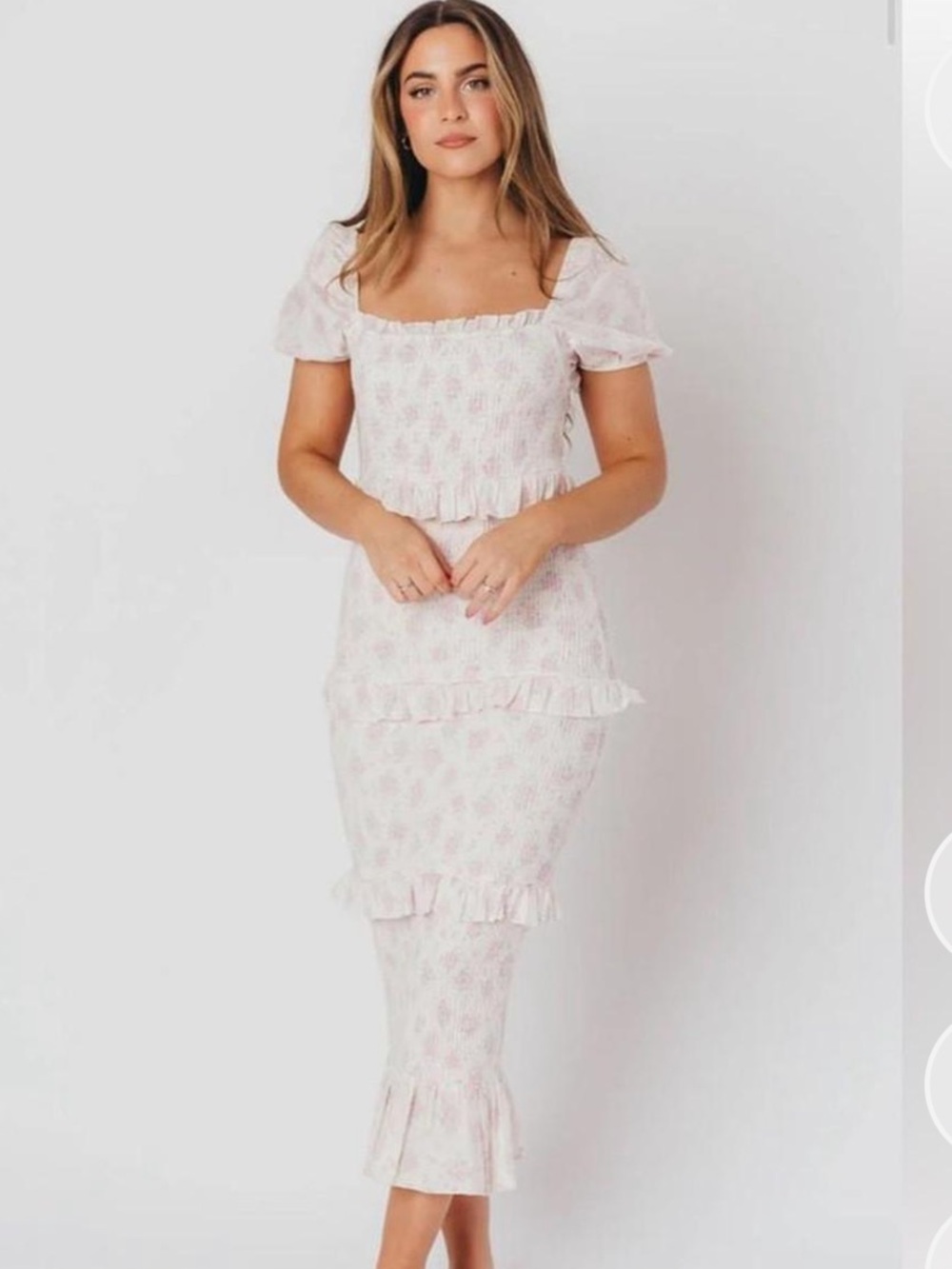 Worth Collective White and Light Pink Floral Smocked Dress
